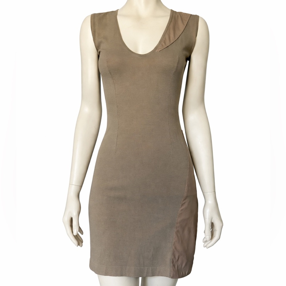 Italian Bodycon Tan Sleeveless Dress with leather details
